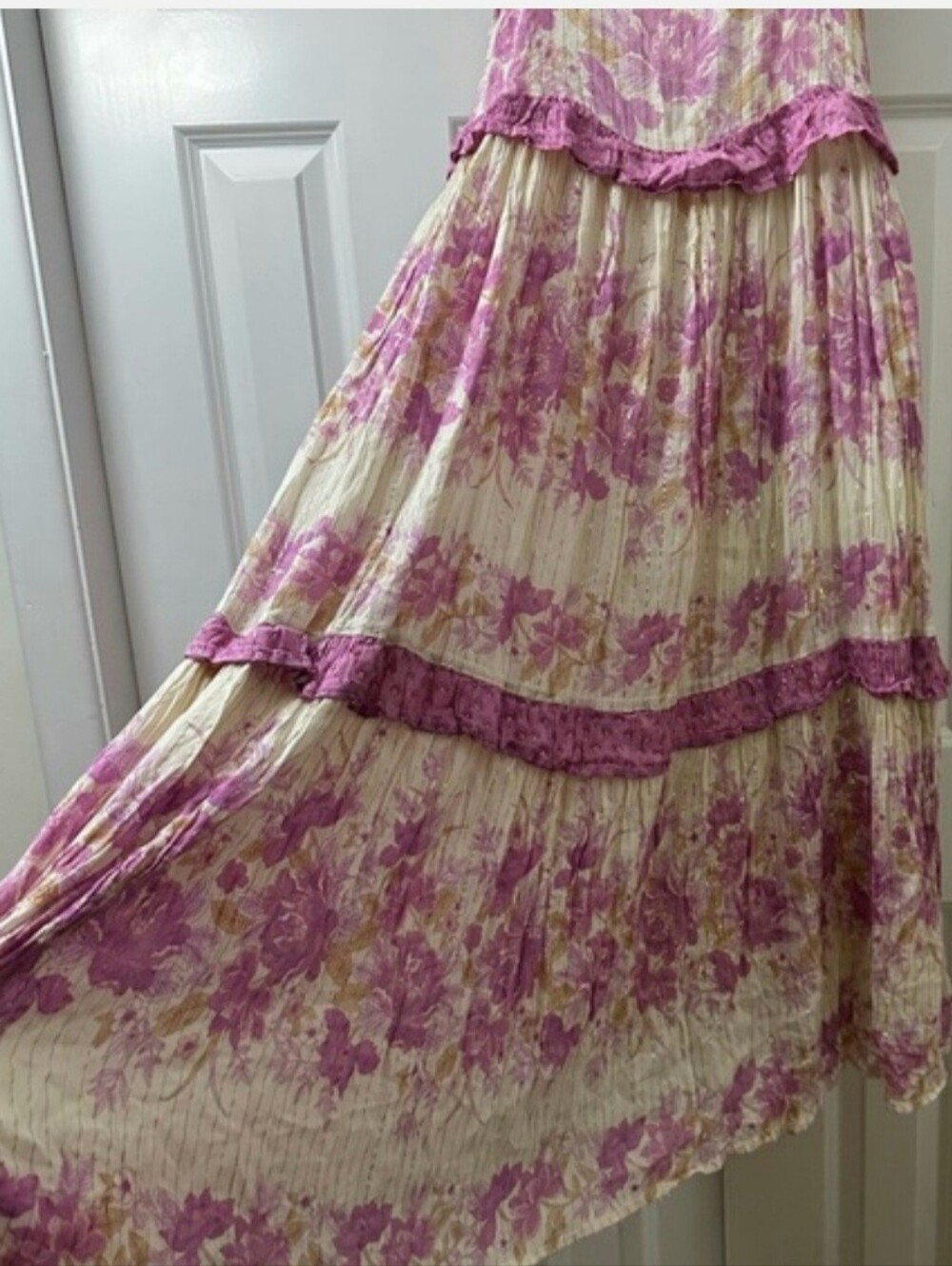 Spell Coco Lei Pink Floral Tiered Midi Dress with Lace Trim Med - Picture 4 of 6
